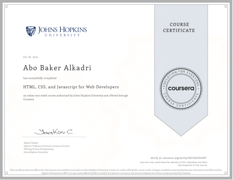 HTML,CSS, and Javascript for web developers Certificate