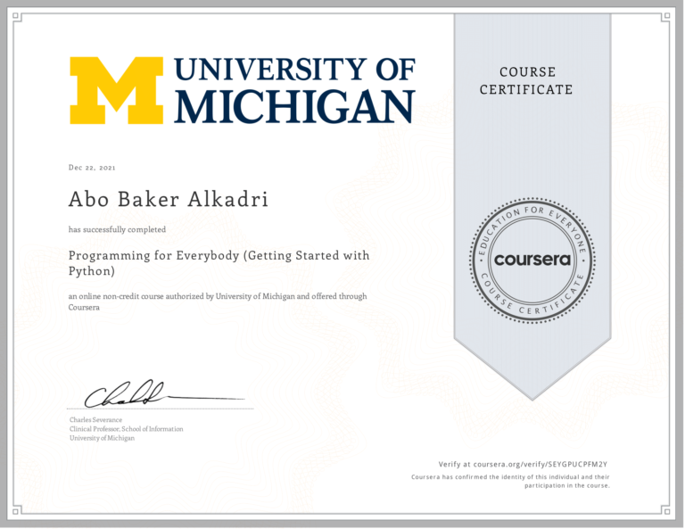 Programming for Everybody (Getting Started with Python) Certificate